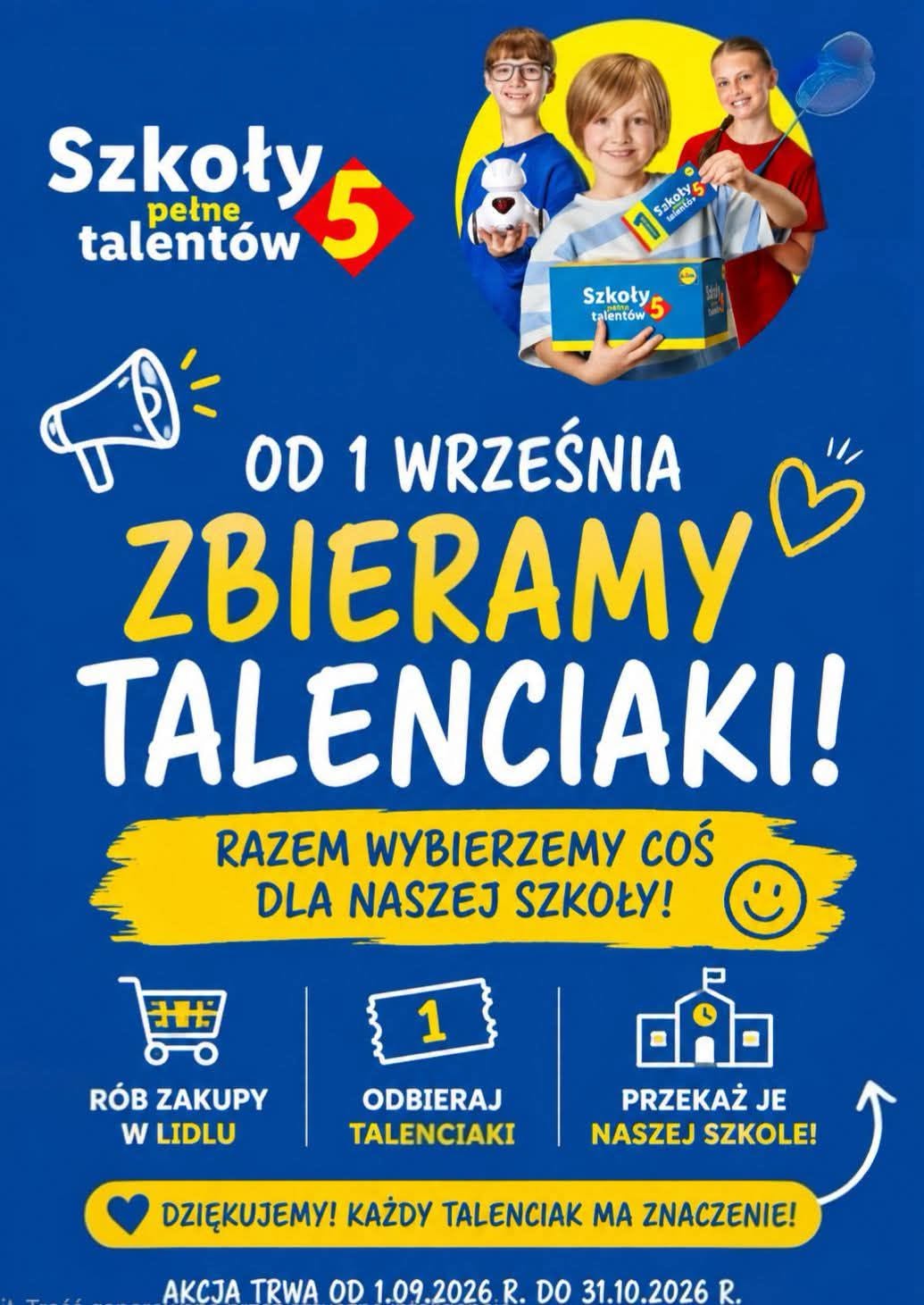 Grafika akcji: od 1 września zbieramy Talenciaki — razem wybierzemy nagrodę dla naszej szkoły